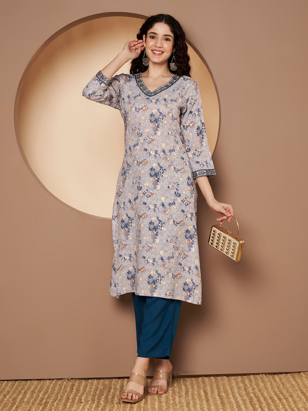 Printed V Neck Kurta with Pant  Printed