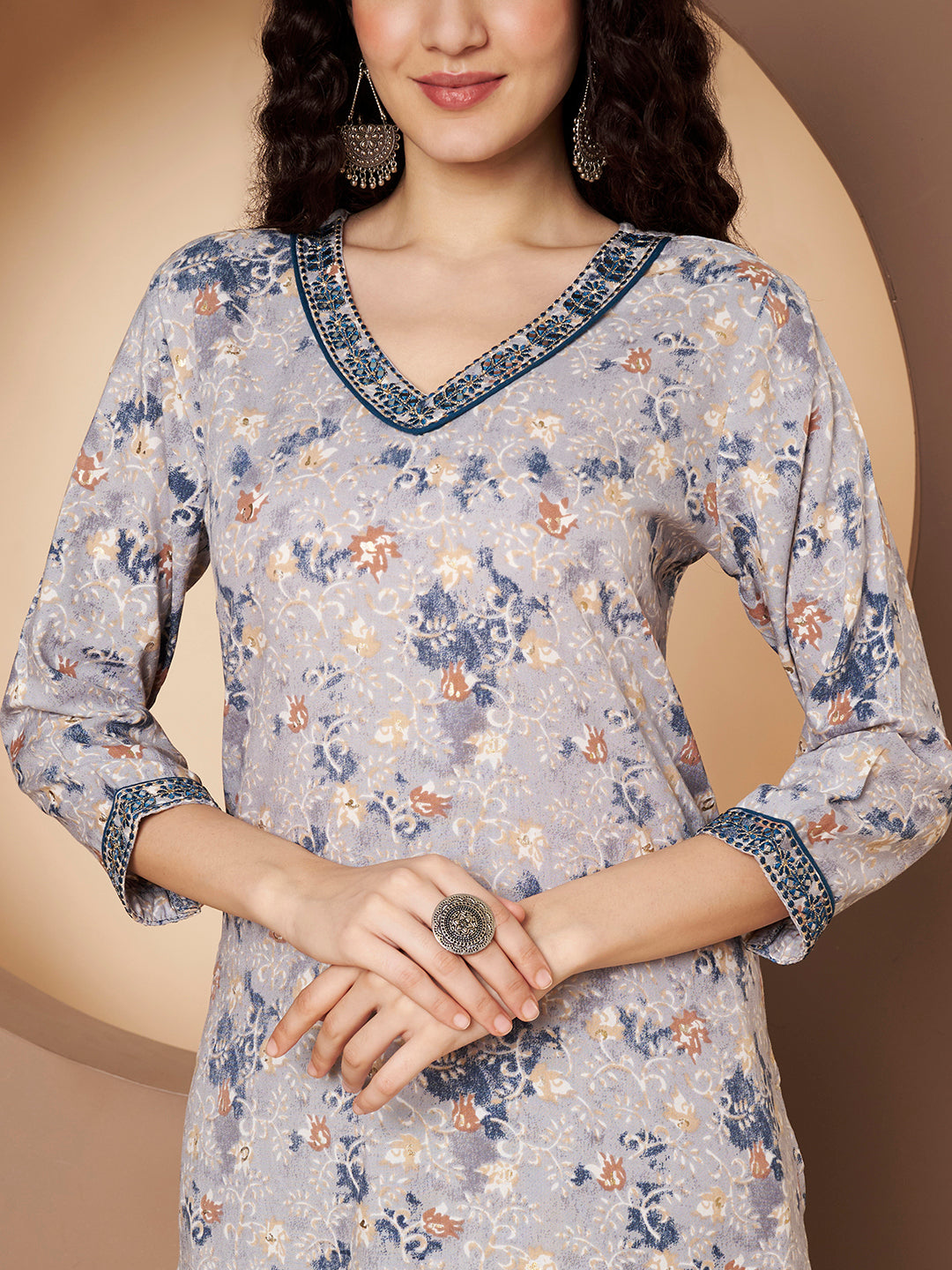 Printed V Neck Kurta with Pant  Printed
