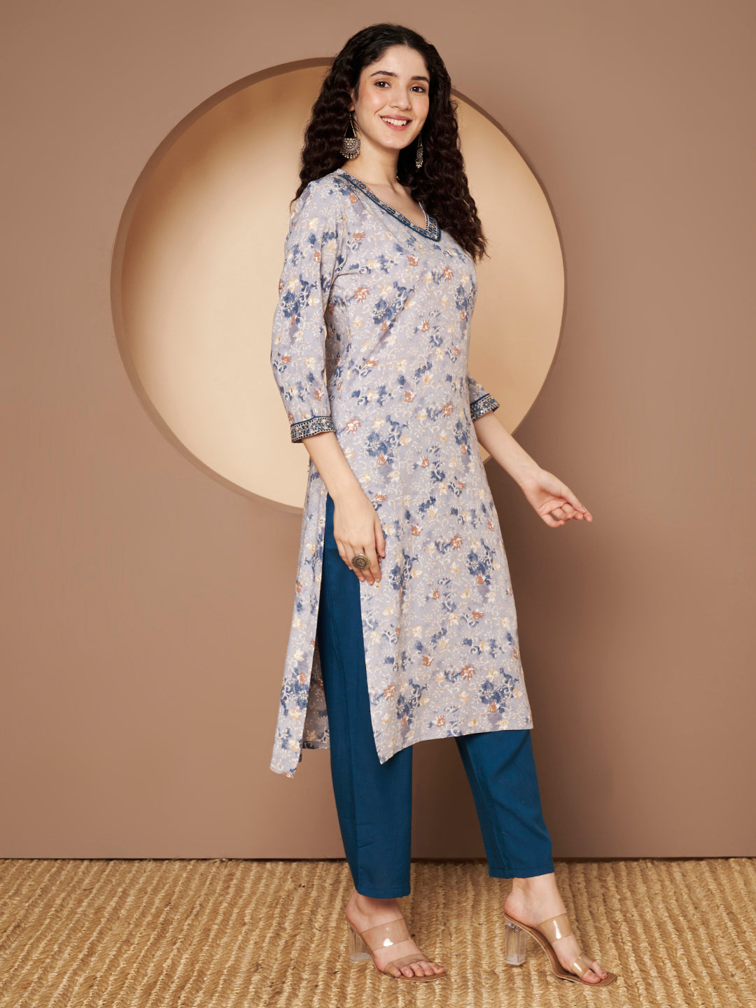 Printed V Neck Kurta with Pant  Printed