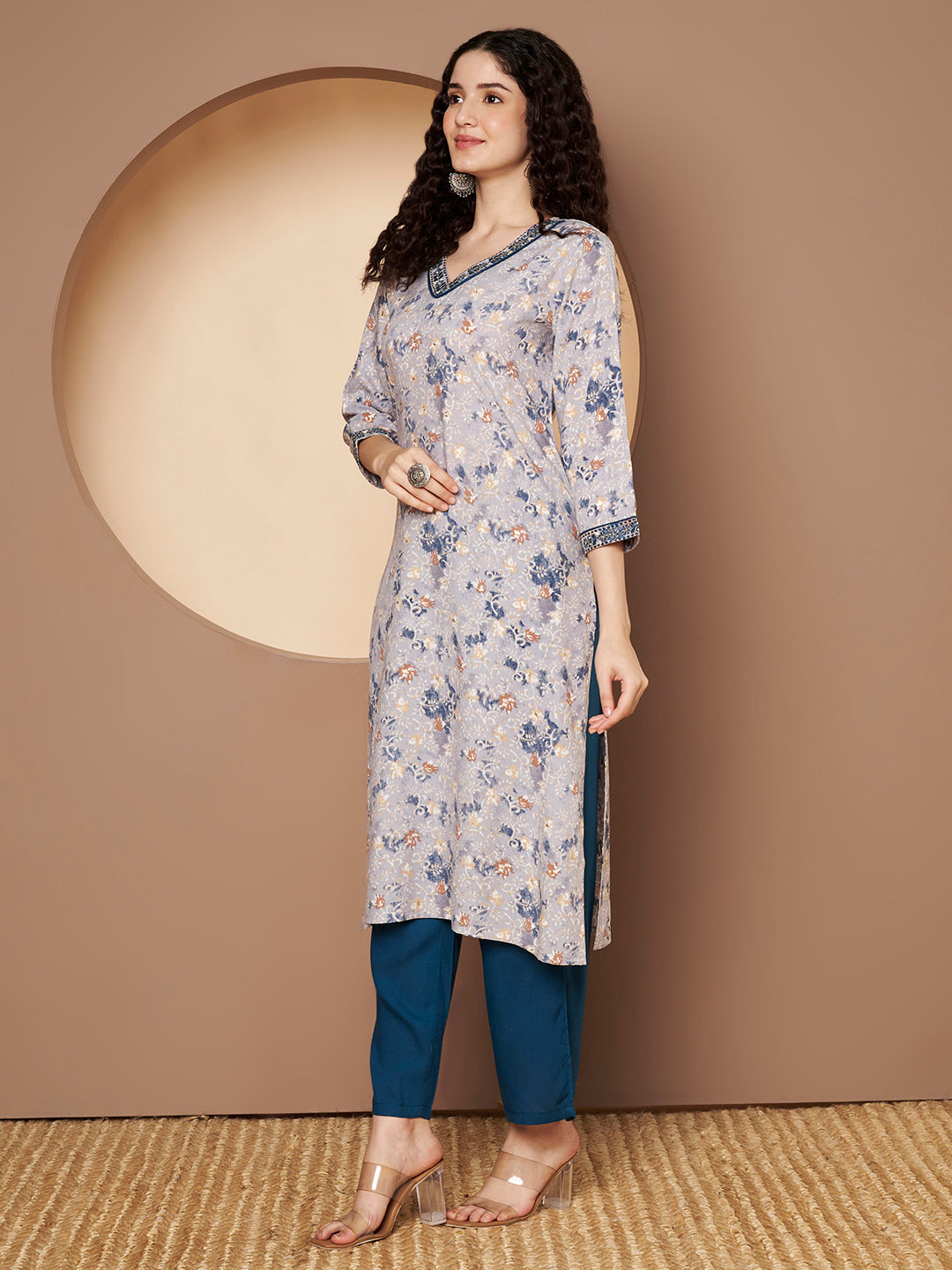 Printed V Neck Kurta with Pant  Printed