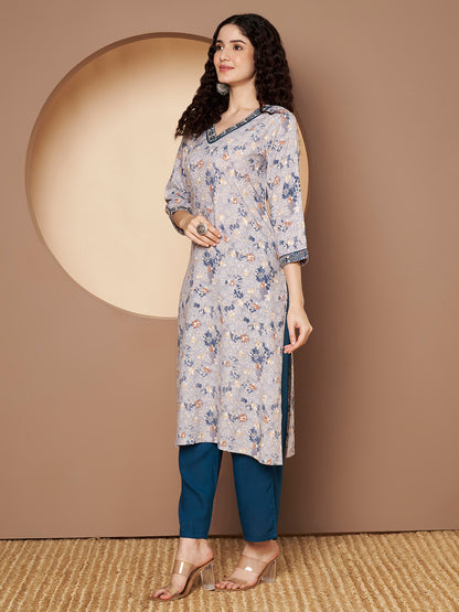 Printed V Neck Kurta with Pant  Printed