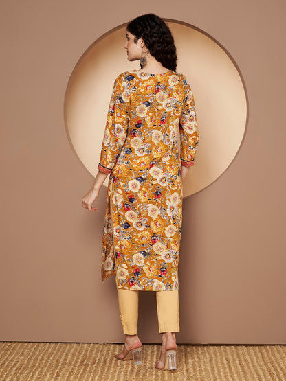 Floral Embroidered V-neck Flared Sleeves Straight Kurta