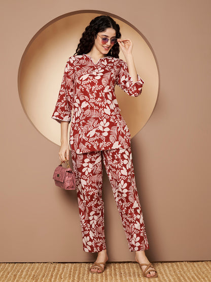 Maroon Printed Pure Cotton Top With Pant Co-Ord