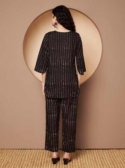 Black Polka Printed Pure Cotton Top Piping With Pant Co-Ord
