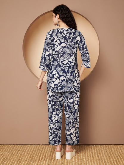 Blue Printed Pure Cotton Top With Pant Co-Ord