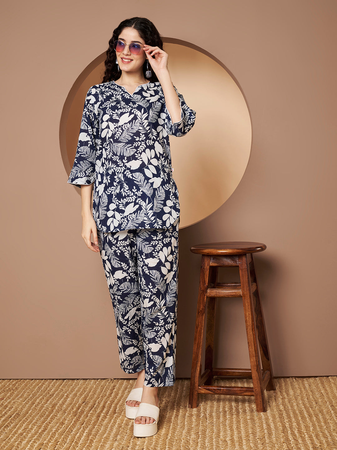 Blue Printed Pure Cotton Top With Pant Co-Ord