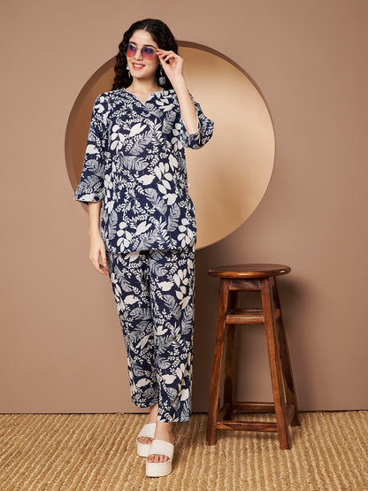 Blue Printed Pure Cotton Top With Pant Co-Ord
