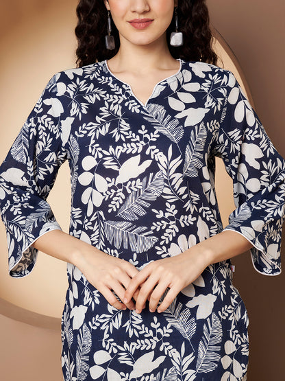 Blue Printed Pure Cotton Top With Pant Co-Ord