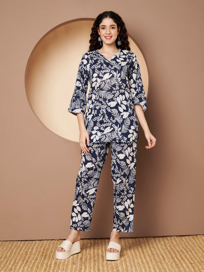 Blue Printed Pure Cotton Top With Pant Co-Ord