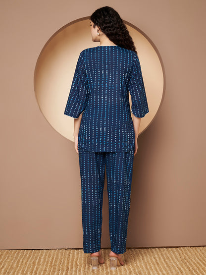 Teal Blue Polka Printed Pure Cotton Top Piping With Pant Co-Ord
