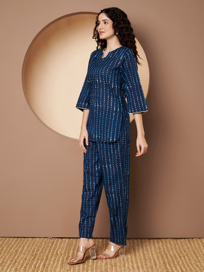 Teal Blue Polka Printed Pure Cotton Top Piping With Pant Co-Ord