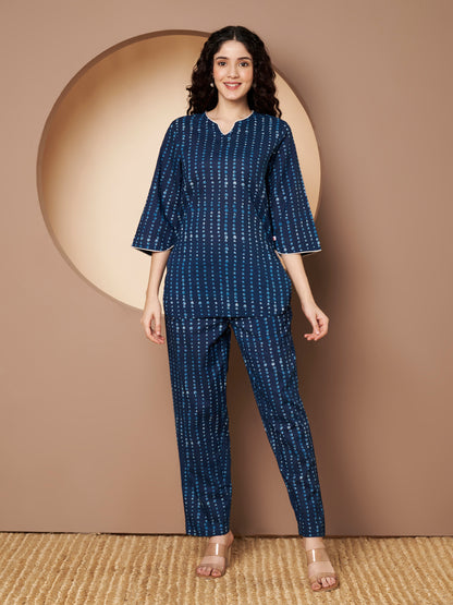 Teal Blue Polka Printed Pure Cotton Top Piping With Pant Co-Ord