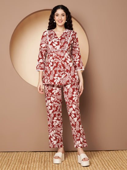 Maroon  Floral Printed Cotton Top with Pant Co-Ord Set