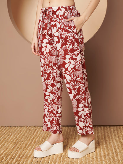 Maroon  Floral Printed Cotton Top with Pant Co-Ord Set