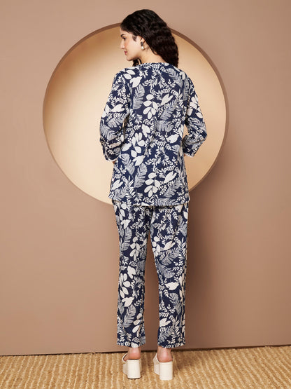 Blue  Floral Printed Cotton Top with Pant Co-Ord Set