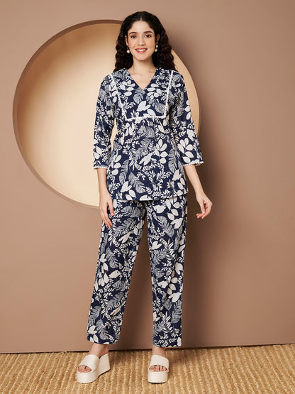 Blue  Floral Printed Cotton Top with Pant Co-Ord Set