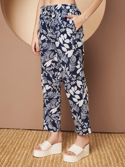 Blue  Floral Printed Cotton Top with Pant Co-Ord Set