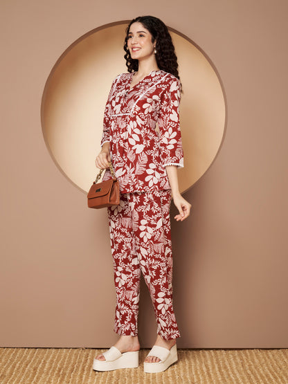 Maroon  Floral Printed Cotton Top with Pant Co-Ord Set
