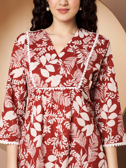 Maroon  Floral Printed Cotton Top with Pant Co-Ord Set