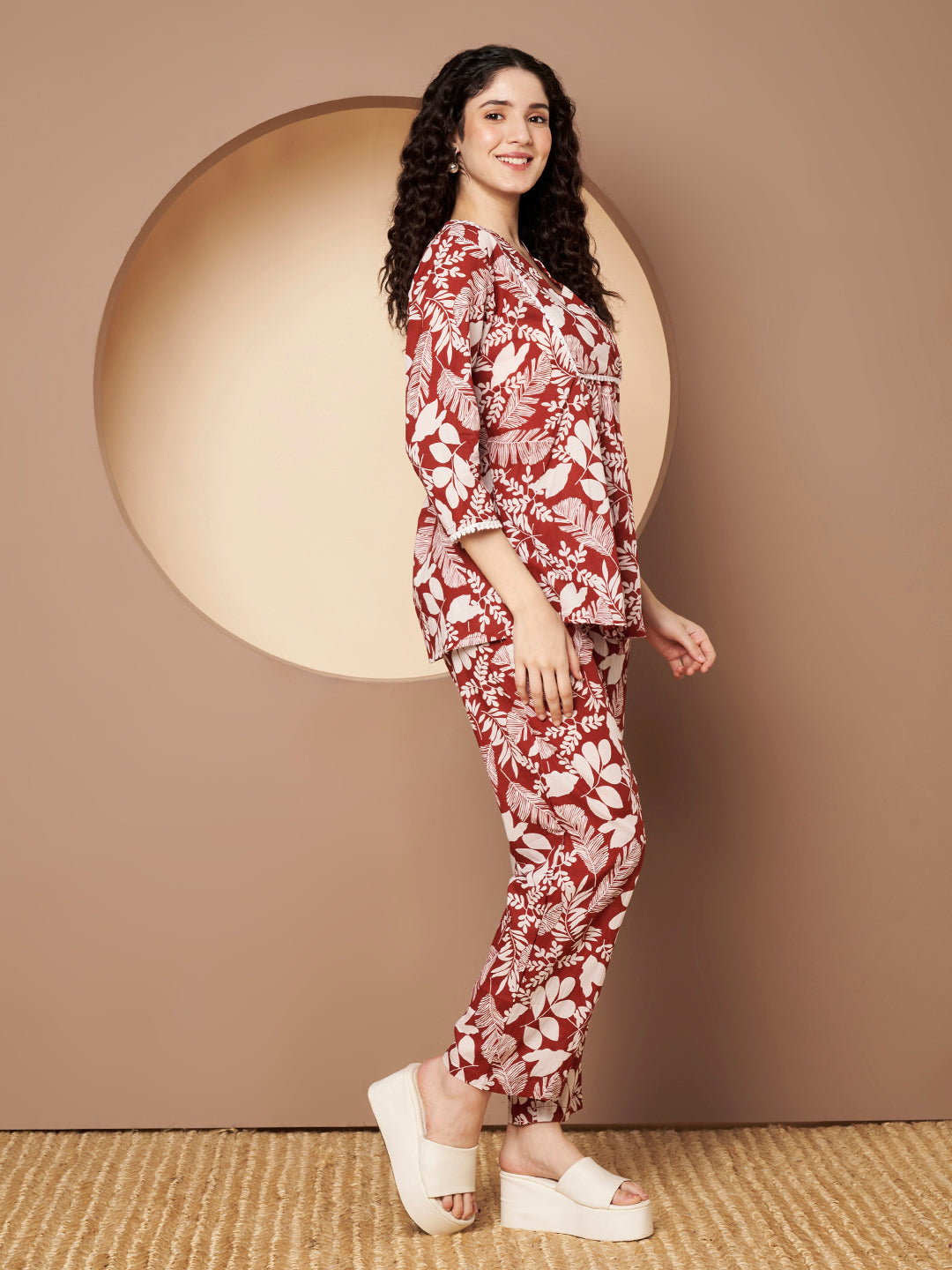 Maroon  Floral Printed Cotton Top with Pant Co-Ord Set