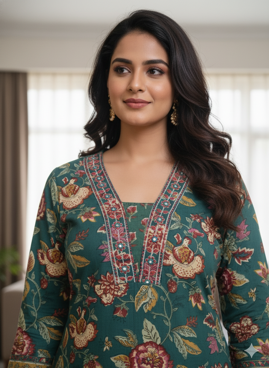 Floral Printed Mirror Work Pure Cotton Kurta With Pant & Dupatta