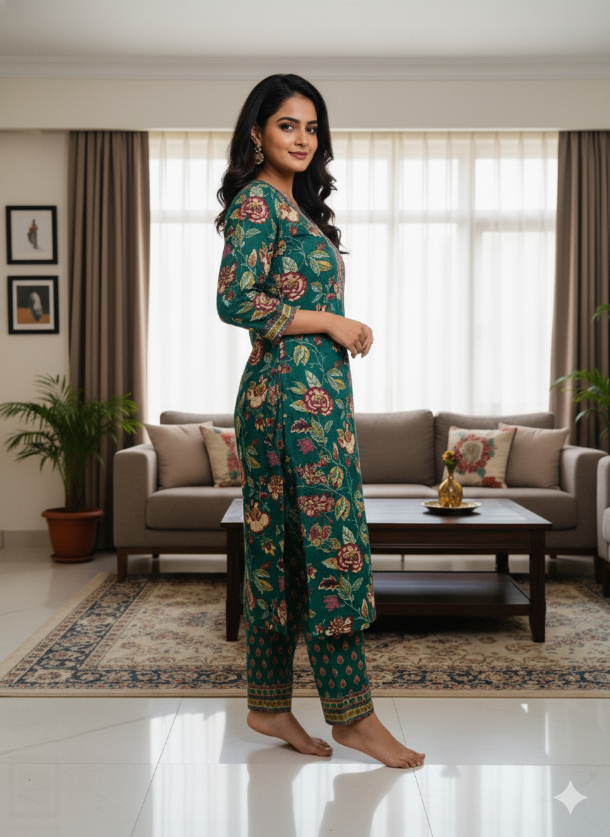 Floral Printed Mirror Work Pure Cotton Kurta With Pant & Dupatta