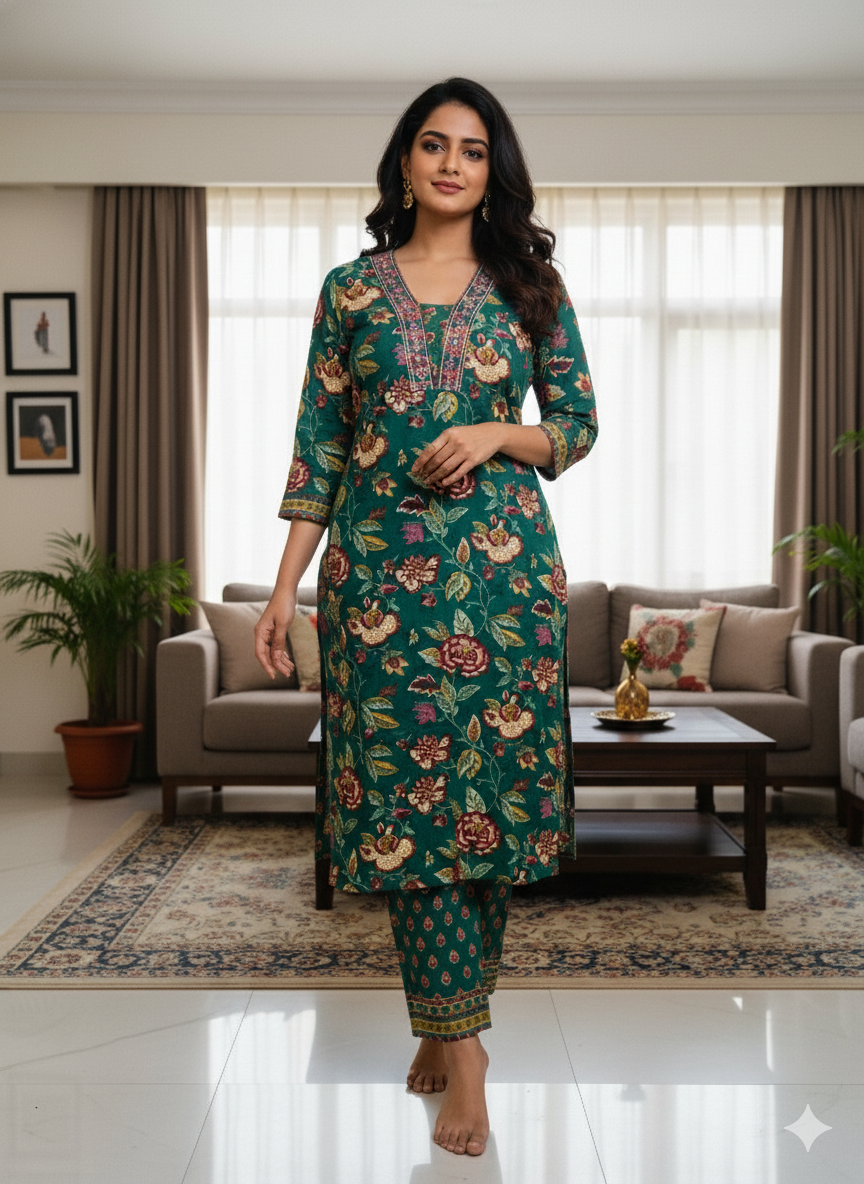 Floral Printed Mirror Work Pure Cotton Kurta With Pant & Dupatta