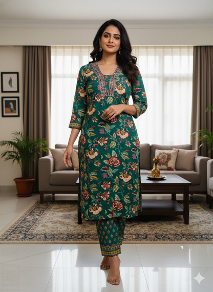 Floral Printed Mirror Work Pure Cotton Kurta With Pant & Dupatta