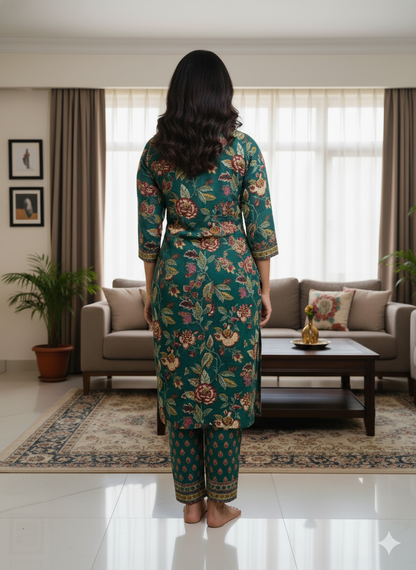 Floral Printed Mirror Work Pure Cotton Kurta With Pant & Dupatta