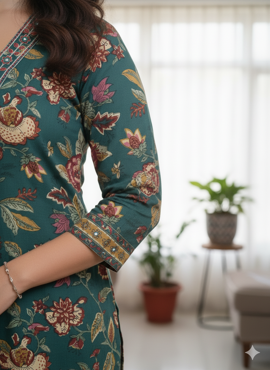 Floral Printed Mirror Work Pure Cotton Kurta With Pant & Dupatta