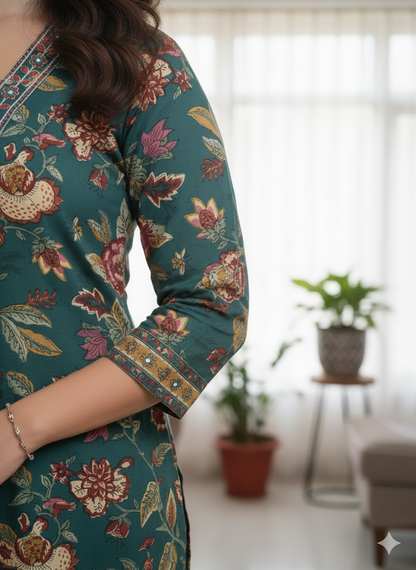 Floral Printed Mirror Work Pure Cotton Kurta With Pant & Dupatta