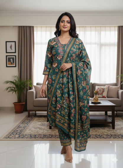 Floral Printed Mirror Work Pure Cotton Kurta With Pant & Dupatta