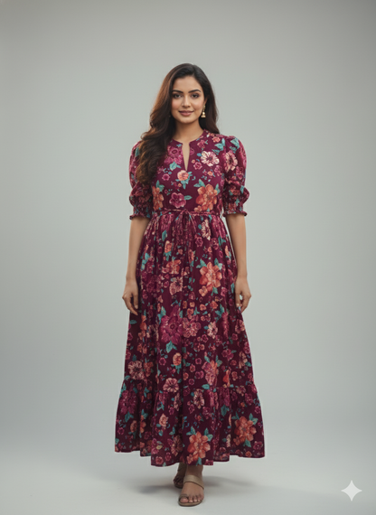 Women Flower Printed Mandarin Collar A-Line Dress