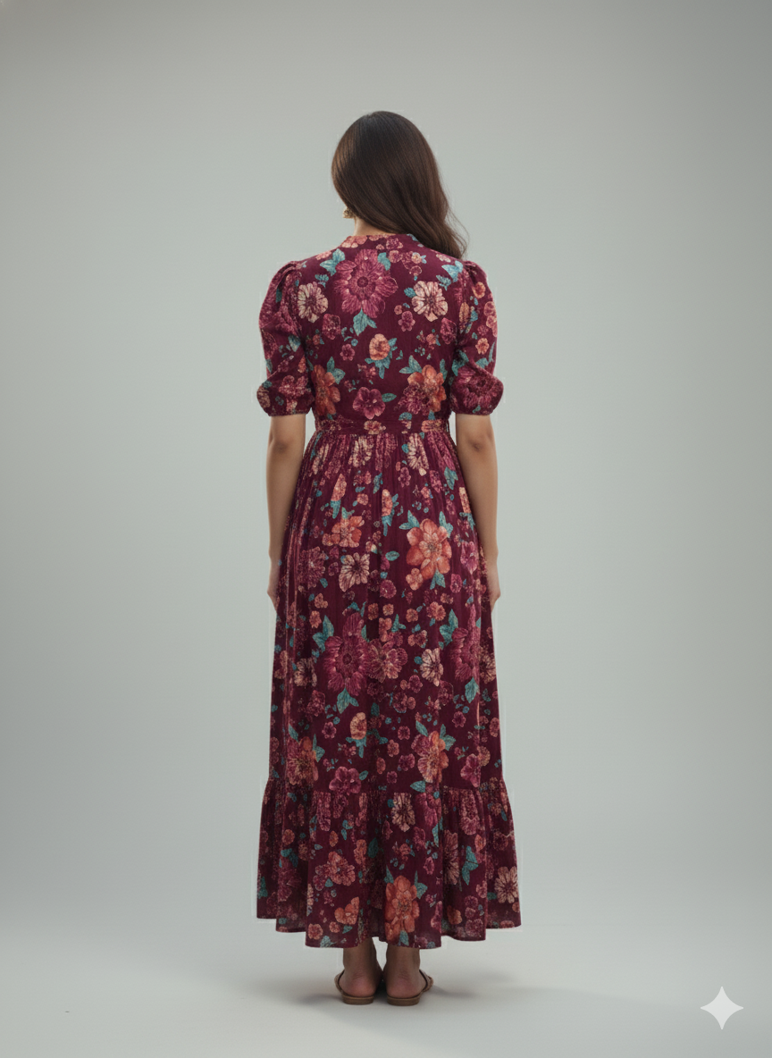 Women Flower Printed Mandarin Collar A-Line Dress