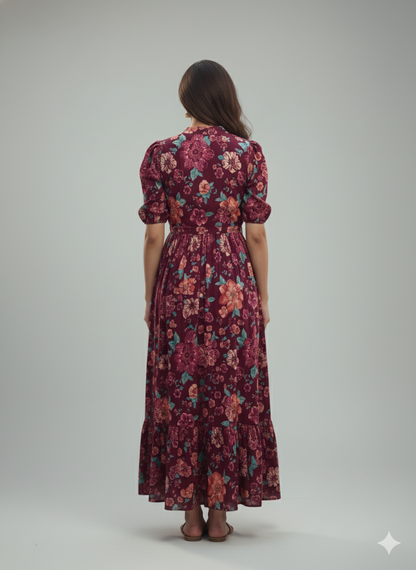 Women Flower Printed Mandarin Collar A-Line Dress