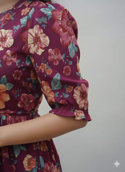 Women Flower Printed Mandarin Collar A-Line Dress