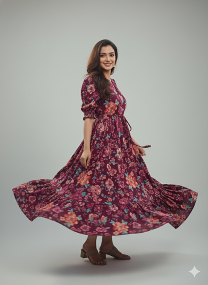 Women Flower Printed Mandarin Collar A-Line Dress