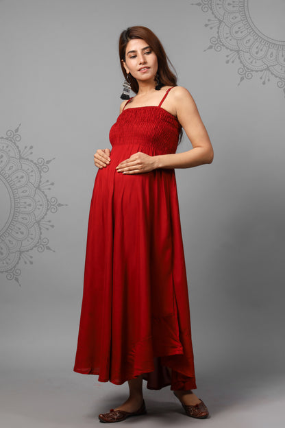 Solid Maroon Color Shoulder Straps Maternity Gown