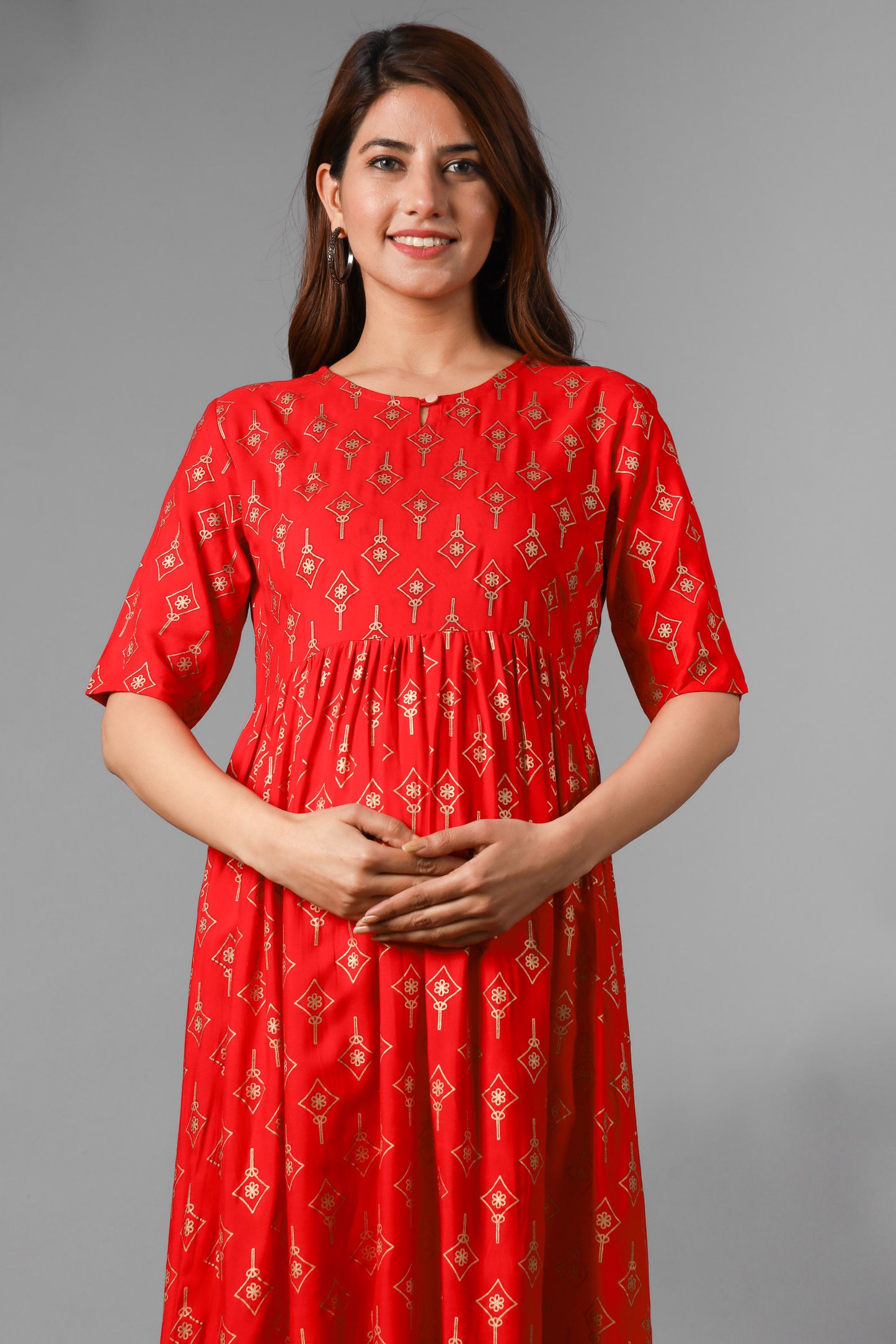 Red Gold Printed Maternity Gown
