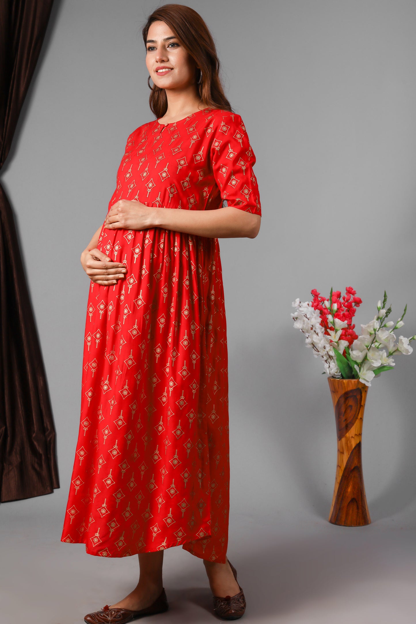 Red Gold Printed Maternity Gown