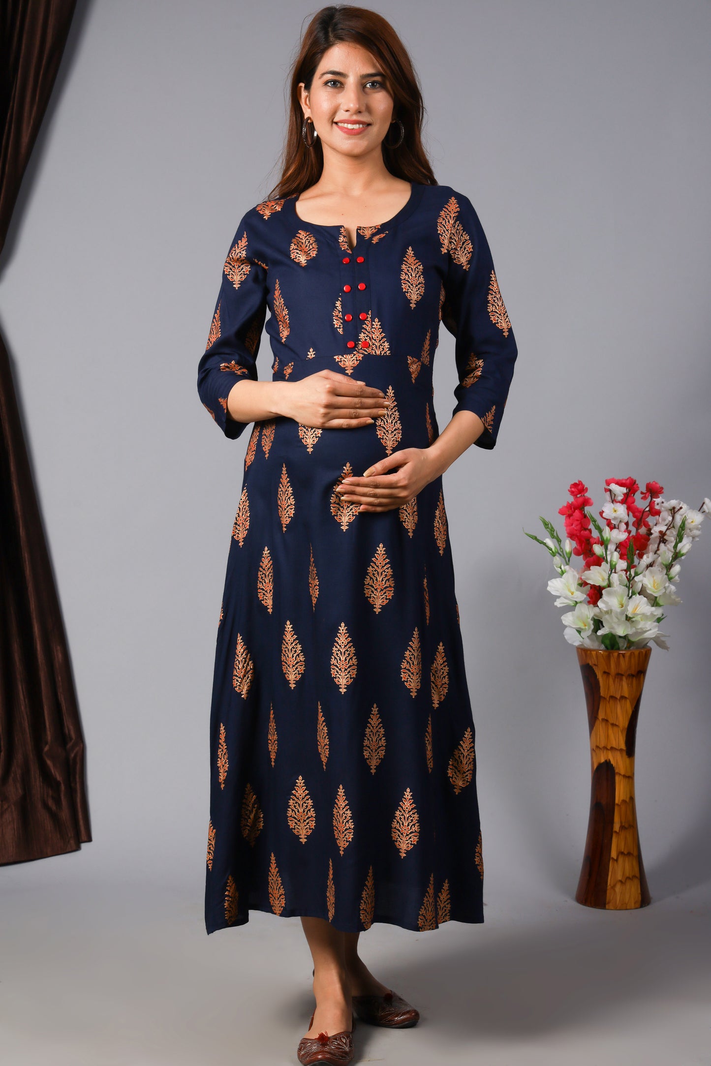Navy Blue Gold Boota Printed Maternity Gown