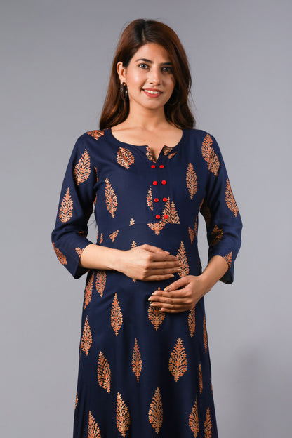 Navy Blue Gold Boota Printed Maternity Gown