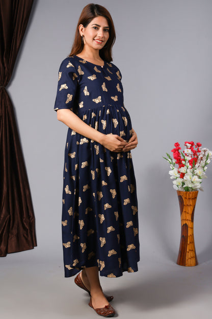 Navy Blue Gold Butterfly Printed Maternity Gown