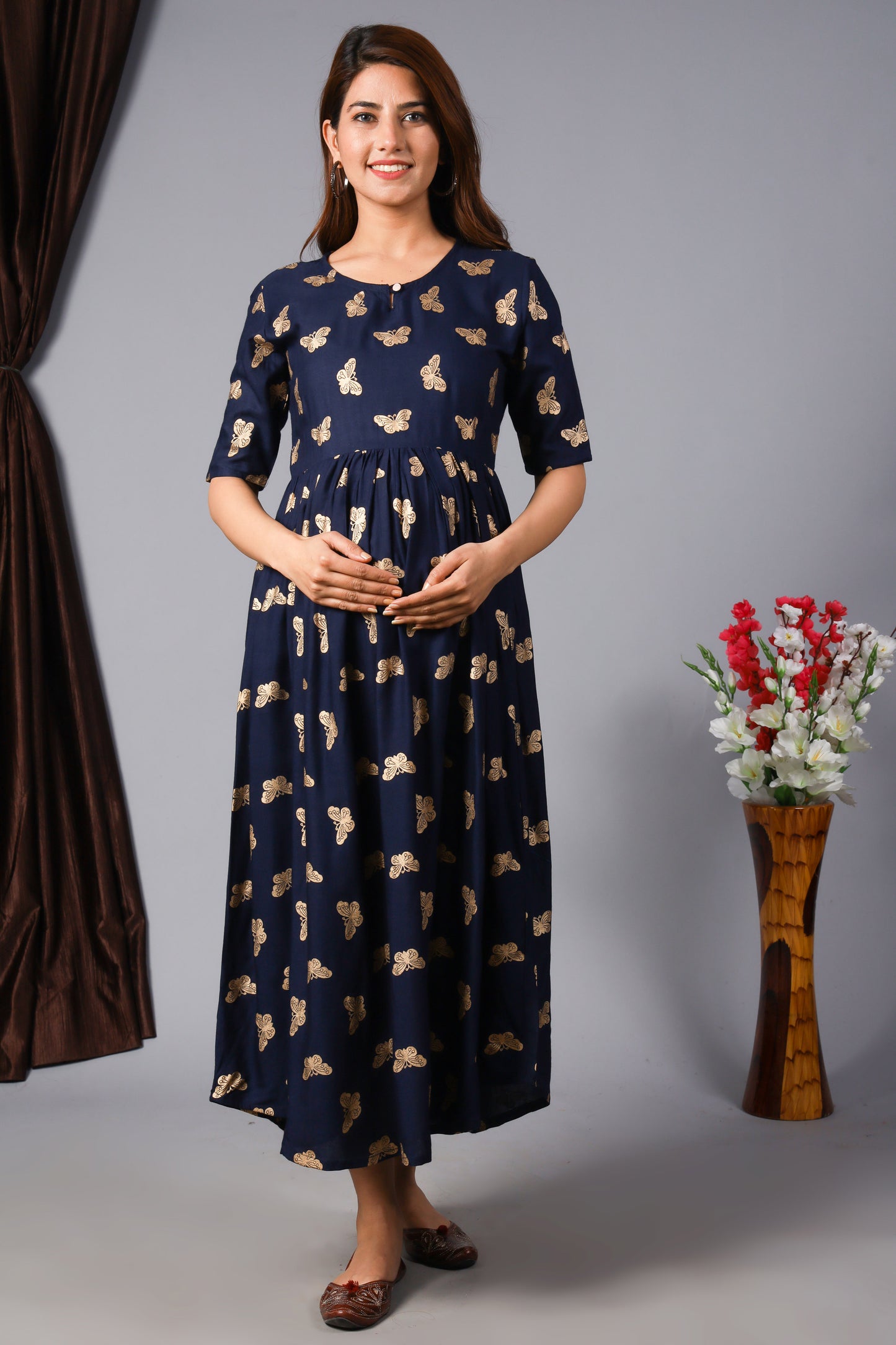 Navy Blue Gold Butterfly Printed Maternity Gown