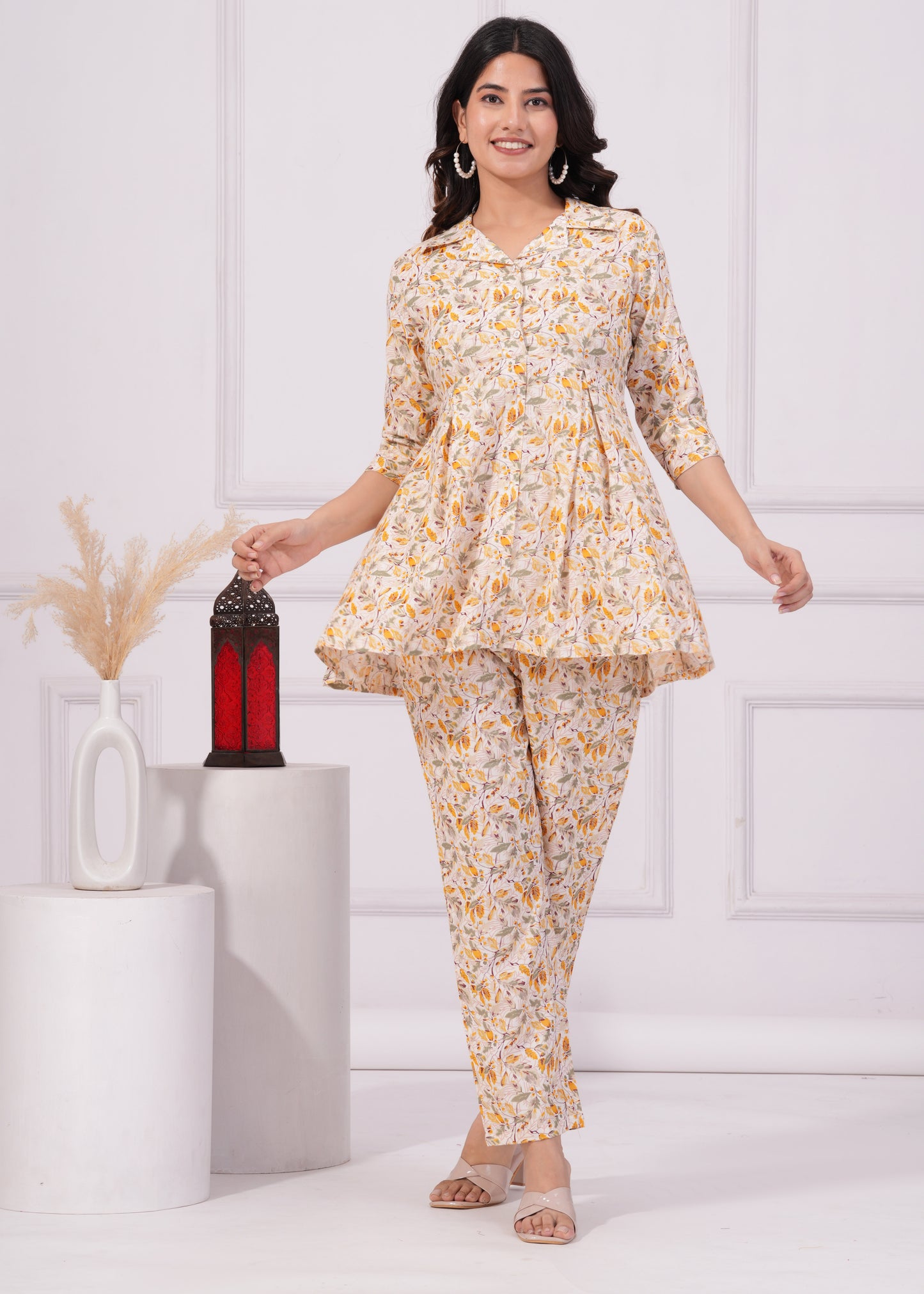 Golden Floral Printed Box Pleated Co-Ord Set