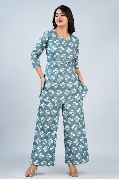 Dusty Green Booti Printed Cotton Co-Ord Set with Pallazo