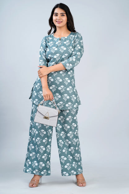 Dusty Green Booti Printed Cotton Co-Ord Set with Pallazo