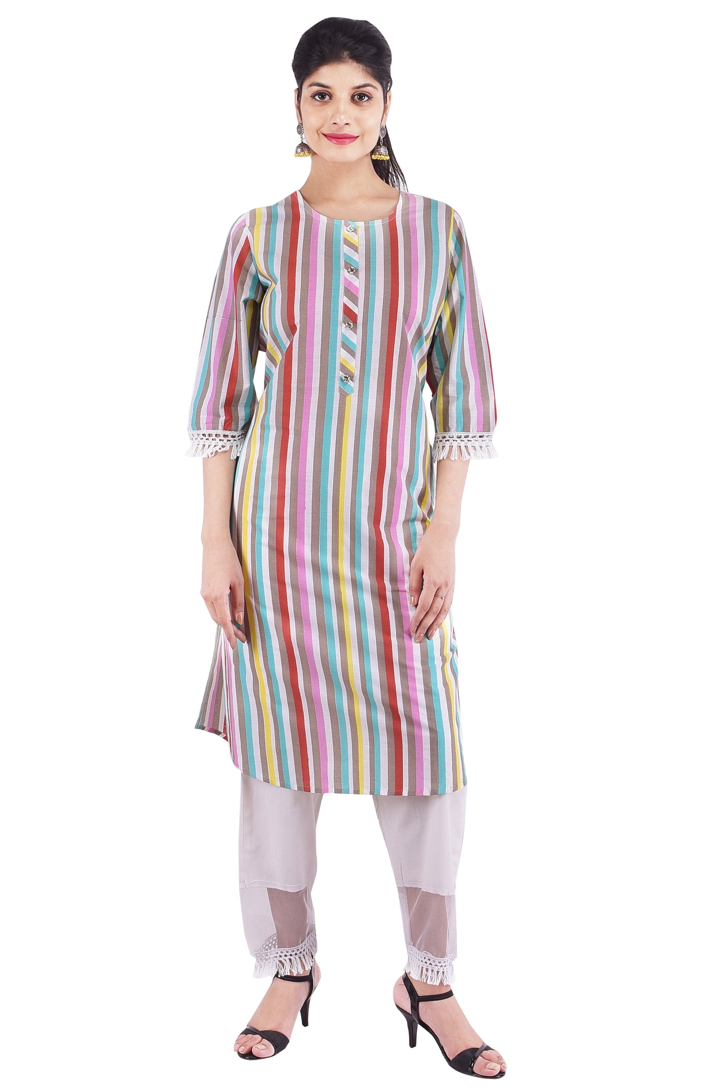 Stripes Printed Straight Cotton Kurta with Trouser