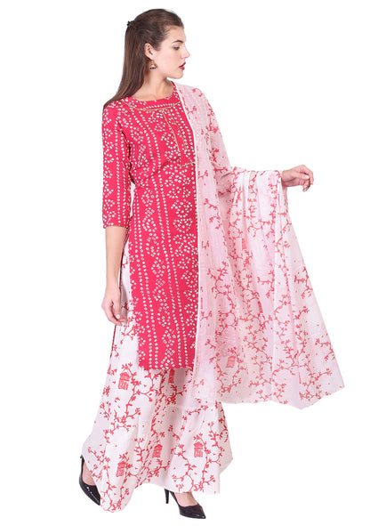 Pink Bandhej Printed Kurta with Skirt and Dupatta