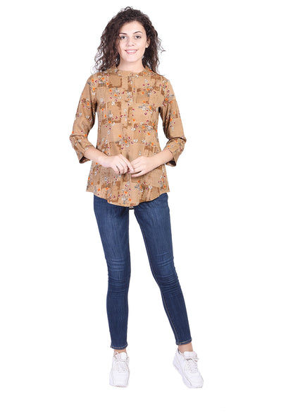 Casual Mandarin Collar Brown Flower Printed Top